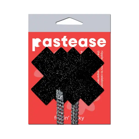 Pastease Tassel Pasties: Black Sparkle Plus X with Long Rhinestone Tassel