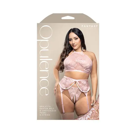 Fantasy Lingerie Opulence Pearl Halter Bralette, Garter Belt & Crotchless Pearl G-String Light Pink S/M