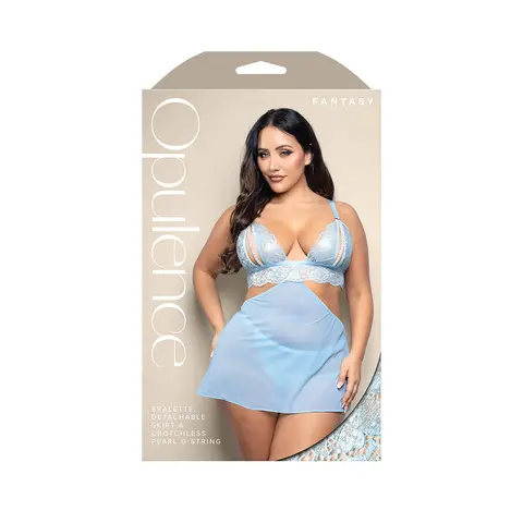 Fantasy Lingerie Opulence Split Pearl Cup Bralette, Detachable Skirt & Adjustable Pearl G-String Light Blue S/M in Blue