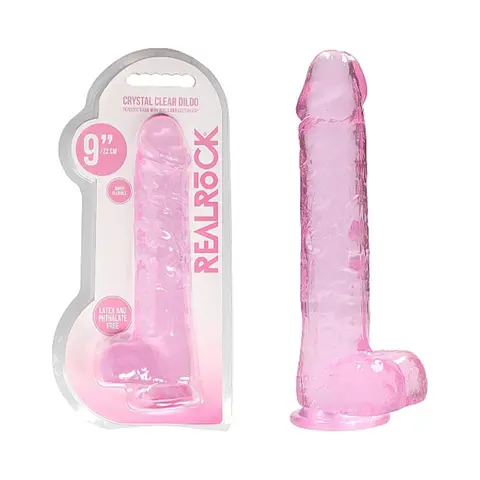 RealRock Crystal Clear Realistic 9 in. Dildo With Balls and Suction Cup in Pink