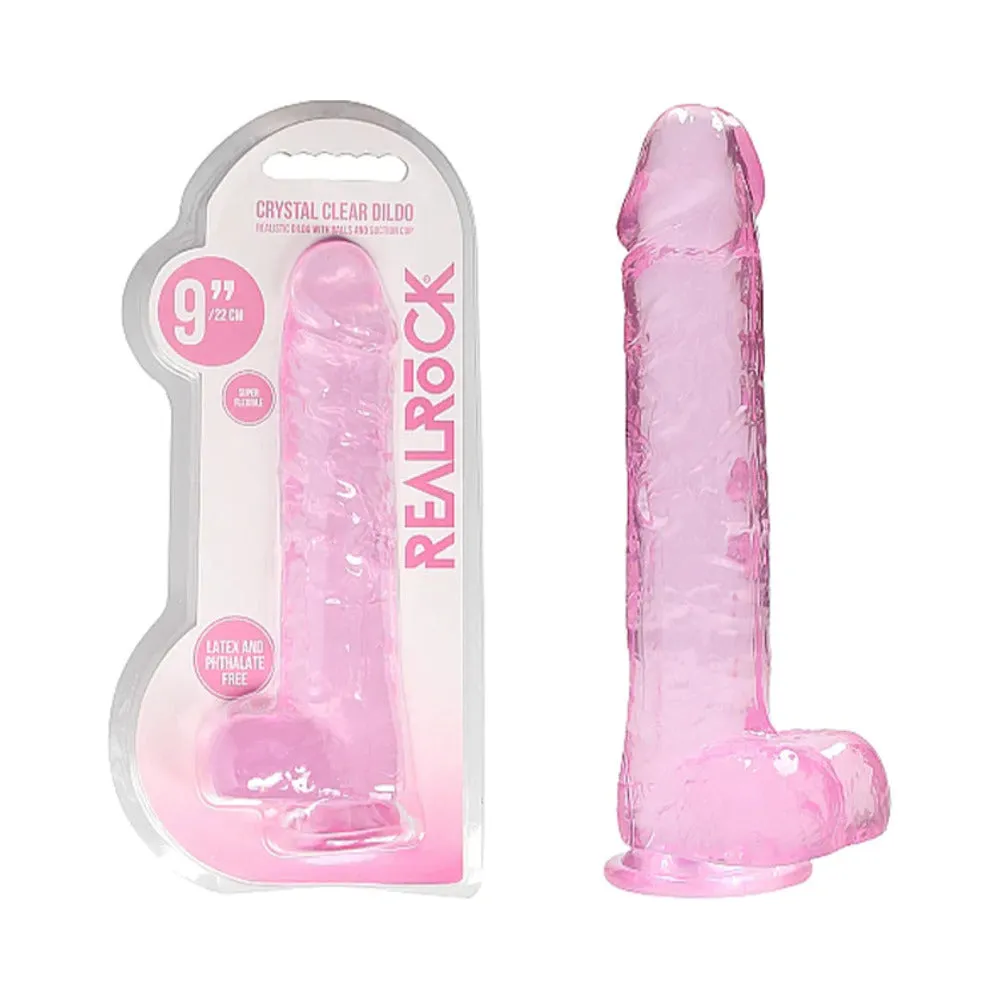 RealRock Crystal Clear Realistic 9 in. Dildo With Balls and Suction Cup in Pink