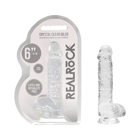 RealRock Crystal Clear Realistic 6 in. Dildo With Balls and Suction Cup in Clear
