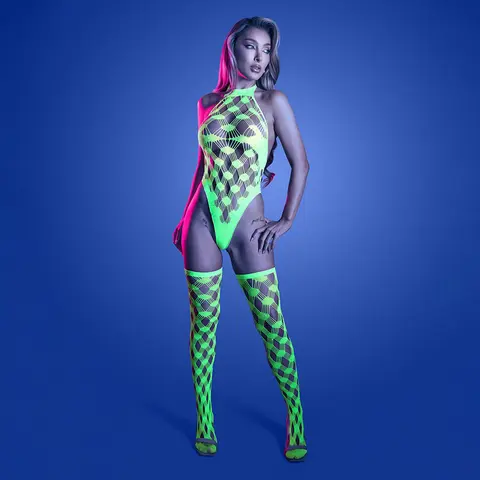 Fantasy Lingerie Glow Adrenaline Halter Teddy & Stockings in Rhinestone Fishnet O/S in Glow in the Dark