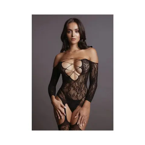 Le Desir Deep-V Criss-Cross Bodystocking Black O/S