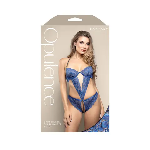 Fantasy Lingerie Opulence Pearl Halter Open Crotch Teddy with Adjustable Pearl String Royal Blue S/M in Blue