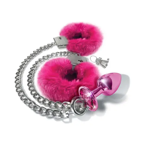 Nixie Metal Butt Plug & Furry Handcuff Set Medium Pink Metallic