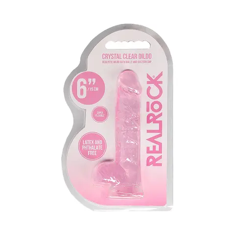 RealRock Crystal Clear Realistic 6 in. Dildo With Balls and Suction Cup in Pink