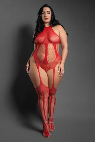 Fantasy Lingerie Sheer Stripped Down Halter Teddy Bodystocking with Cut-Out Back Red O/S in Red