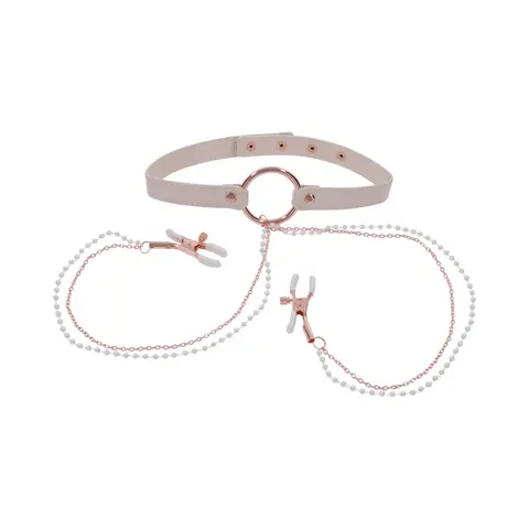 Sportsheets Sex & Mischief Peaches 'n CreaMe Collar with Nipple Clamps