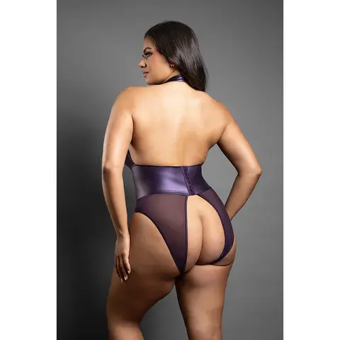 Fantasy Lingerie Domina Open Halter Teddy with Lace-Up Detail & Blindfold Deep Purple S/M
