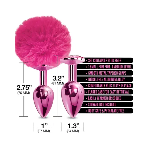 NIXIE Metal Butt Plug Set Pom Pom and Jewel-Inlaid Metallic in Pink