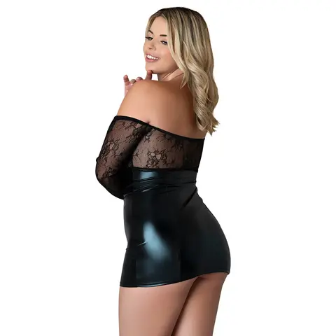 Magic Silk Euro Lux Long Sleeve Off Shoulder Dress & G-String Black Queen Size