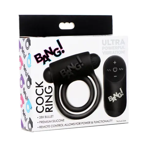 BANG! Silicone Cock Ring & Bullet with Remote Control in Black