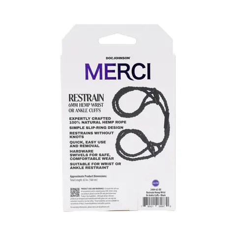 Merci Restrain 6mm Hemp Wrist or Ankle Cuffs in Black