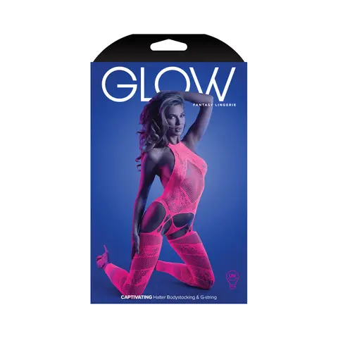 Fantasy Lingerie Glow Captivating High Neck Halter Bodystocking & G-String Set Neon Pink O/S in Glow in the Dark