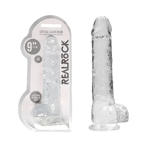 RealRock Crystal Clear Realistic 9 in. Dildo With Balls and Suction Cup in Clear