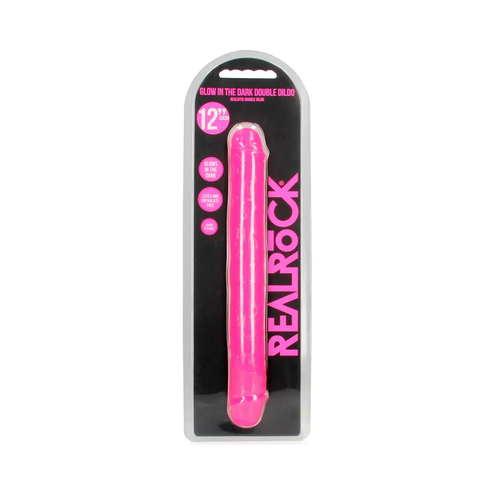 RealRock Glow in the Dark Double Dong 12 in. Dual-Ended Dildo Neon Pink