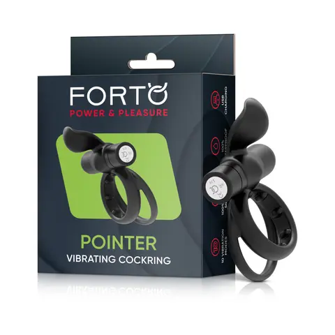 Forto Pointer Rechargeable Silicone Vibrating Dual Cockring with External Stimulator in Black