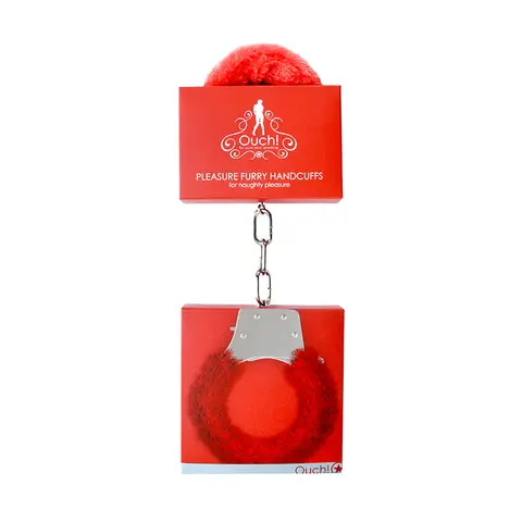 Ouch! Pleasure Furry Handcuffs With Quick-Release in Red
