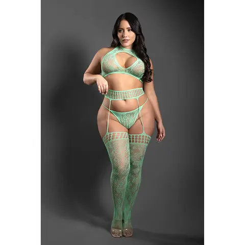 Fantasy Lingerie Sheer Heart Of Glass Lace Knit Halter Tie Top, G-String & Gartered Stockings Seaglass Green O/S