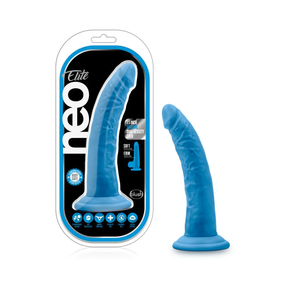 Neo Elite 7.5 in. Silicone Dual Density Dildo Neon in Blue