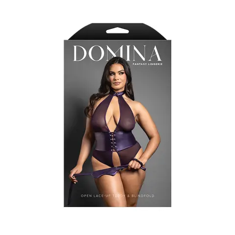 Fantasy Lingerie Domina Open Halter Teddy with Lace-Up Detail & Blindfold Deep Purple S/M