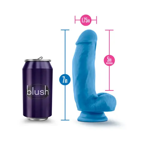 Neo Elite 7 in. Silicone Dual Density Dildo with Balls Neon in Blue