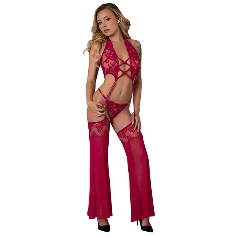 Magic Silk Black Cherry Plunge Top with Removable Chaps & Cheeky Panty Cherry Queen Size in Black