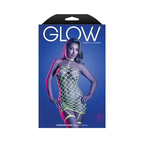 Fantasy Lingerie Glow Warning Sign Gartered Dress Rhinestone Fence Net O/S