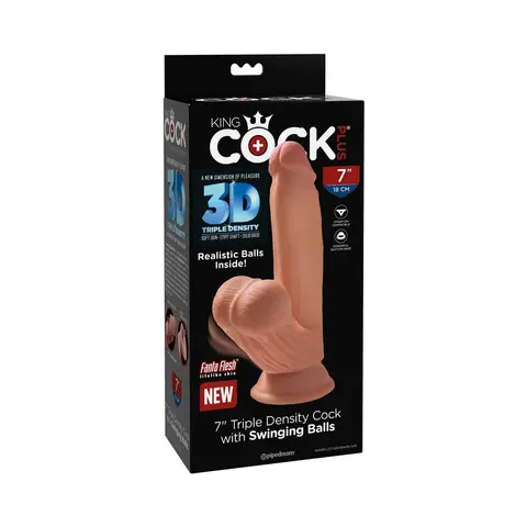 King Cock Plus 7 in. Triple-Density Cock With Swinging Balls Dildo in Tan