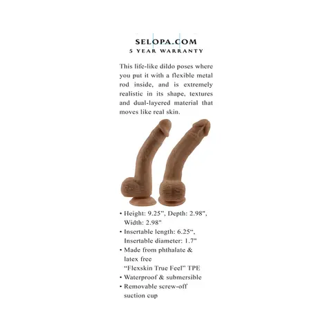 Selopa Natural Feel Flexskin Bendable Dildo with Moving Material 7 in. in Dark