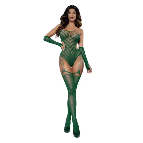 Dreamgirl Chevron Gartered Teddy with Gloves Emerald O/S