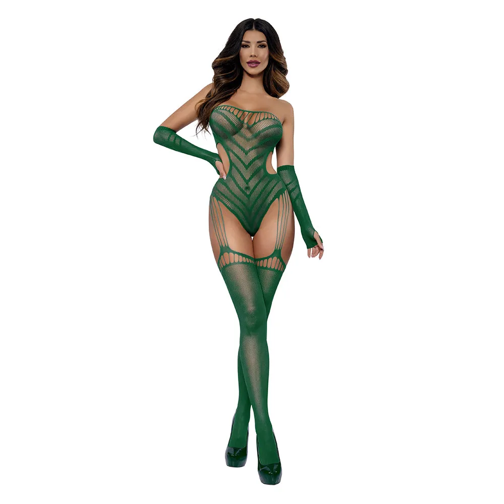 Dreamgirl Chevron Gartered Teddy with Gloves Emerald O/S