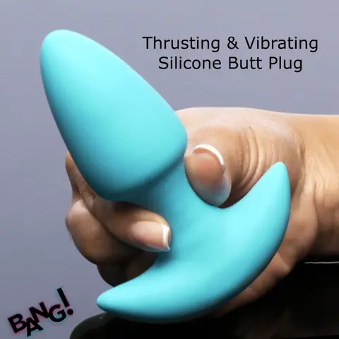 BANG! Thrusting & Vibrating Silicone Butt Plug in Blue