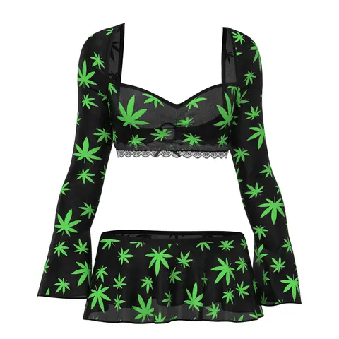 Magic Silk Hazy Dayz Crop Top, Skirt & G-String Set Pot Leaf S/M