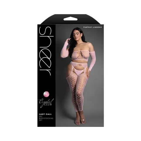 Fantasy Lingerie Sheer Crystal Club Last Call Off-The-Shoulder Top and Footless Garter Stockings with G-String O/S