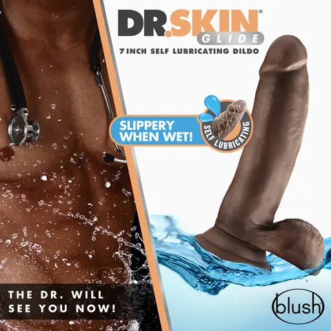 Dr. Skin Glide Realistic 7 in. Self-Lubricating Dildo with Balls in Brown