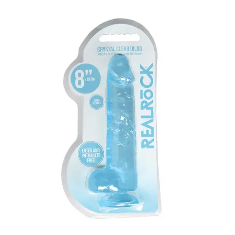RealRock Crystal Clear Realistic 8 in. Dildo With Balls and Suction Cup in Blue