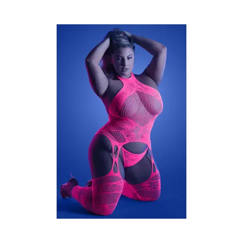 Fantasy Lingerie Glow Captivating High Neck Halter Bodystocking & G-String Set Neon Pink O/S in Glow in the Dark