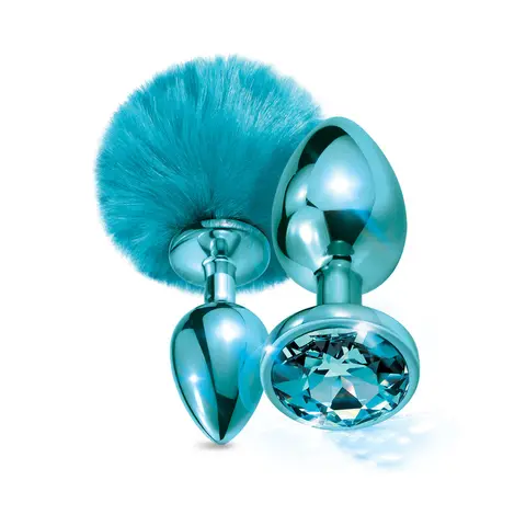 NIXIE Metal Butt Plug Set Pom Pom and Jewel-Inlaid Metallic in Blue