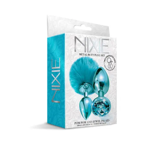 NIXIE Metal Butt Plug Set Pom Pom and Jewel-Inlaid Metallic in Blue