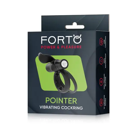 Forto Pointer Rechargeable Silicone Vibrating Dual Cockring with External Stimulator in Black