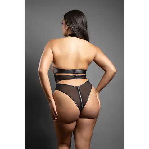 Fantasy Lingerie Domina Cupless High-Neck Halter Teddy with Zipper Detail & Pasties Black M/L in Black