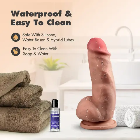 Dr. Skin Plus Girthy 7 in. Triple Density Posable Dildo with Balls in Tan