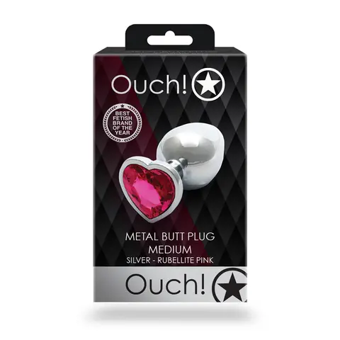 Ouch! Heart Gem Butt Plug Medium Silver/Rubellite Pink