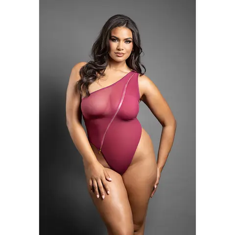 Fantasy Lingerie Domina Crotchless One-Shoulder Teddy with Asymmetrical Front Zipper Berry S/M