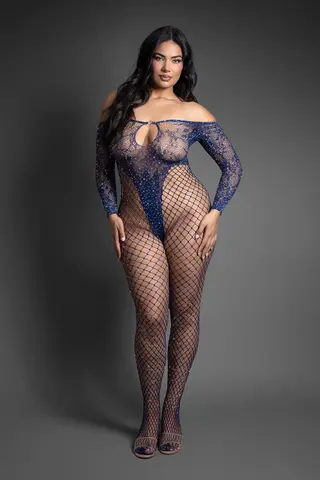 Fantasy Lingerie Sheer Crystal Club After Midnight Off-The-Shoulder Long Sleeve Bodystocking O/S