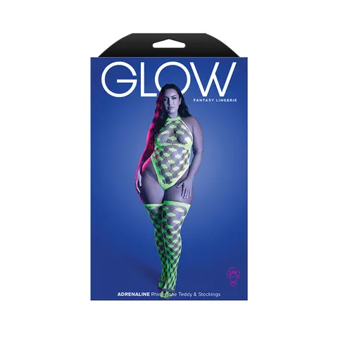 Fantasy Lingerie Glow Adrenaline Halter Teddy & Stockings in Rhinestone Fishnet O/S in Glow in the Dark