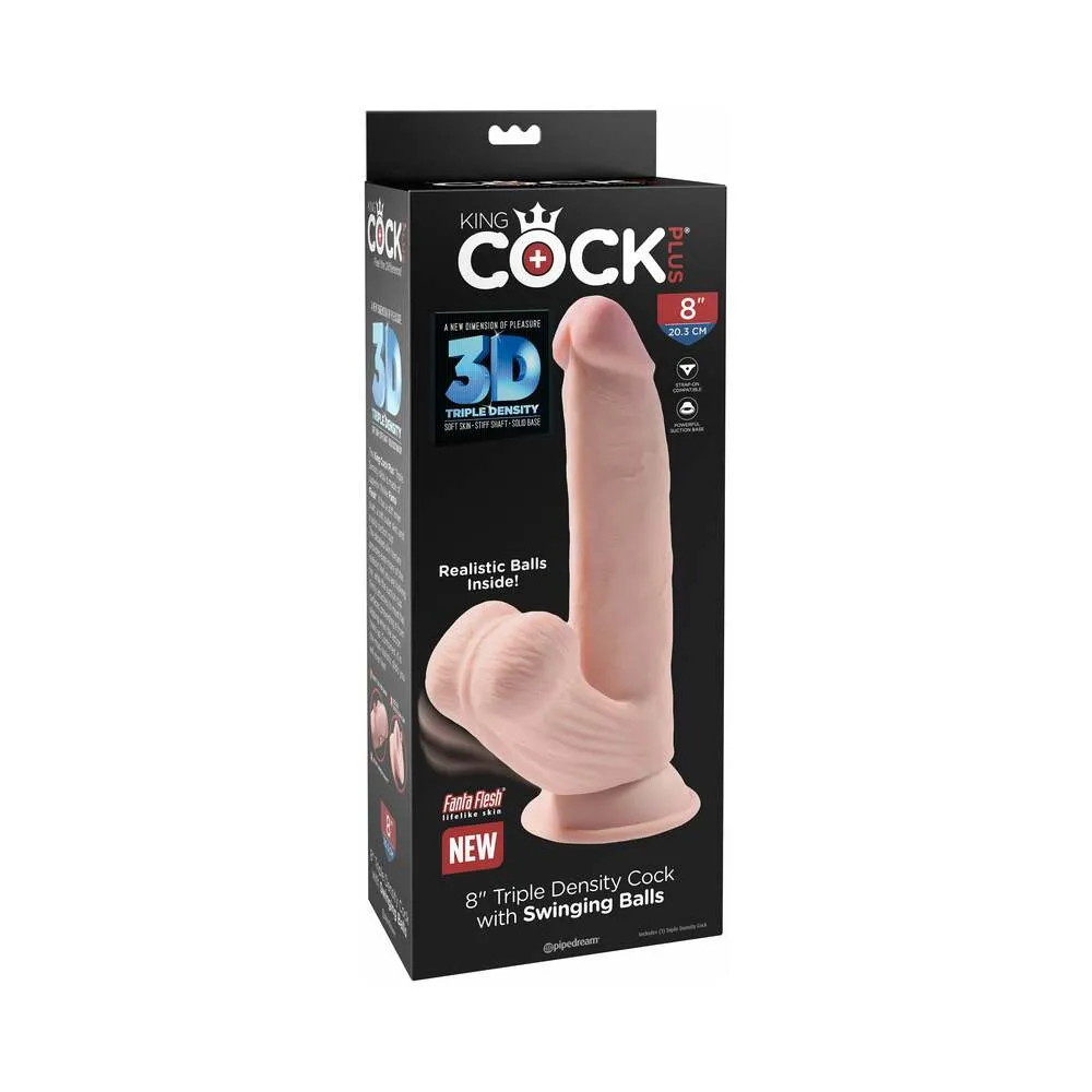 King Cock Plus 8 in. Triple-Density Cock With Swinging Balls Dildo in Beige