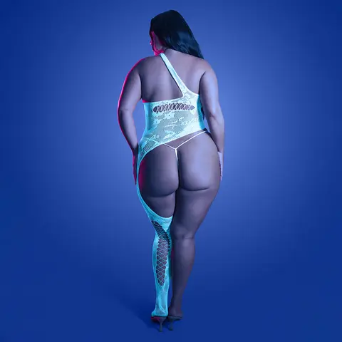 Fantasy Lingerie Glow Lights Get Low Floral Knit Asymmetrical Bodystocking & Panty O/S in Glow in the Dark